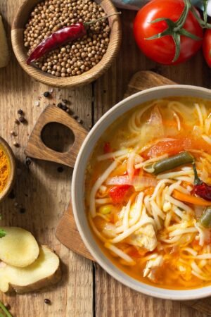 Tukpa soup of Indian cuisine. Hot noodle soup with chicken, ginger, cilantro and spices.